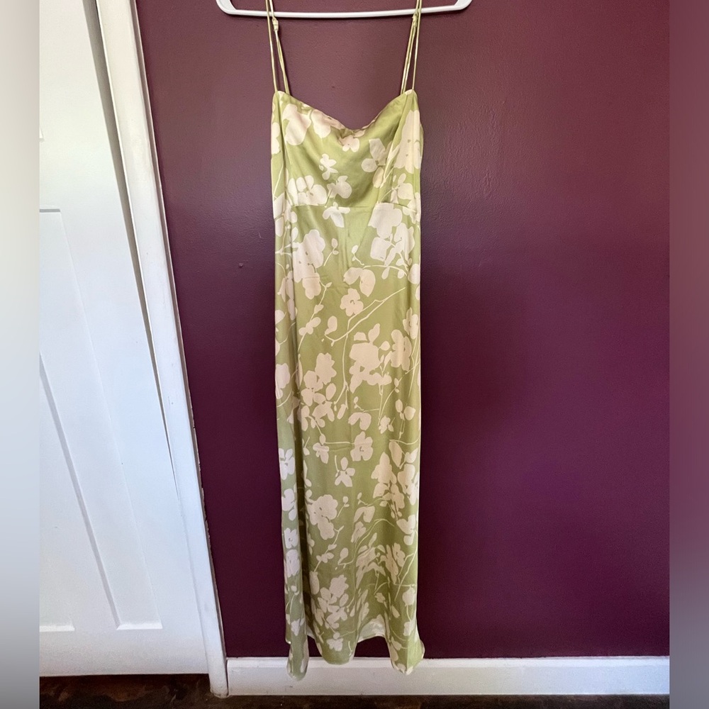 Green and White Printed Satin Cowl Back Slip Midi Dress - Abercrombie - Large